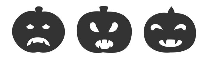 illustration of three spooky black pumpkin faces with fangs, representing Halloween, horror, and festive decorations in a minimalist style. vector