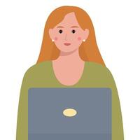 illustration of a woman with long hair using a laptop, highlighting themes of remote work, online communication, and digital technology. vector