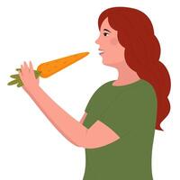 illustration of a woman holding a large carrot, symbolizing healthy eating, organic farming, and fresh produce in a playful and natural design. vector
