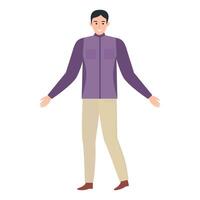 illustration of a man in a purple jacket and beige pants, standing with open arms, smiling warmly. vector