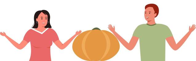illustration of a man and a woman standing beside a giant pumpkin, with a puzzled expression, representing a fun Halloween or fall-themed moment. vector