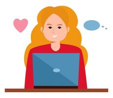illustration of a smiling woman working on a laptop with a heart icon, symbolizing love for work or online communication. vector
