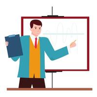 illustration of a man presenting with a clipboard in front of a chart, perfect for business and corporate settings. vector