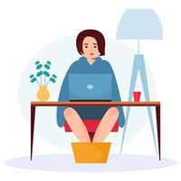 illustration of a woman working from home with a laptop, wrapped in a blanket, showcasing a cozy remote work environment. vector