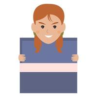 Smiling girl holding a wrapped gift box in a simple style. vector