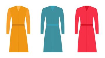 illustration of three long coats with belts in various colors, ideal for fashion, outerwear, and clothing designs. vector