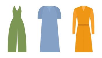 illustration of a jumpsuit, dress, and robe in multiple colors, suitable for fashion and clothing design projects. vector
