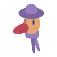 illustration of a stylized duck with a purple hat and large red beak. vector
