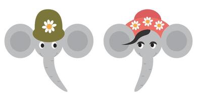 illustration of two adorable elephants wearing hats with flowers. vector