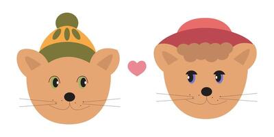 illustration of two cat faces with hats and a heart symbol. vector