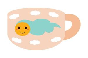 of a smiling sun with clouds on a beige mug background. vector