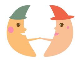 of two moon characters holding hands with smiling faces. vector