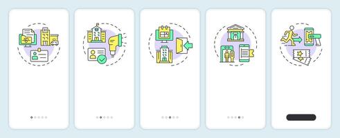 Visitor management software onboarding mobile app screen. Walkthrough 5 steps editable graphic instructions with linear concepts. UI, UX, GUI template vector