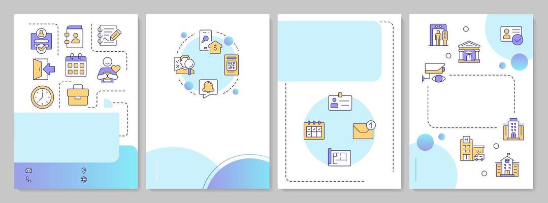 Visitors access management blue gradient brochure template. Surveillance tracking, monitoring. Leaflet design with linear icons. Editable 4 layouts