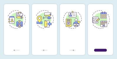 Visitor management system onboarding mobile app screen. Walkthrough 4 steps editable graphic instructions with linear concepts. UI, UX, GUI template vector