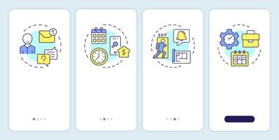 Visitor management system features onboarding mobile app screen. Walkthrough 4 steps editable graphic instructions with linear concepts. UI, UX, GUI template vector