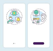 Social media listening onboarding mobile app screen. Walkthrough 2 steps editable graphic instructions with linear concepts. UI, UX, GUI template vector