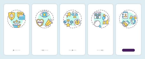 Social listening benefits onboarding mobile app screen. Walkthrough 5 steps editable graphic instructions with linear concepts. UI, UX, GUI template vector