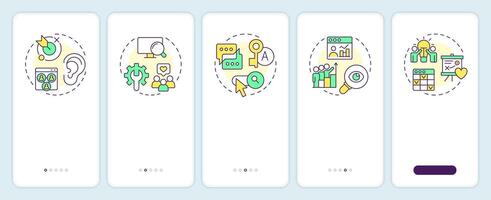 Social listening strategy onboarding mobile app screen. Walkthrough 5 steps editable graphic instructions with linear concepts. UI, UX, GUI template vector