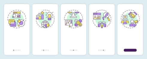 Social listening features onboarding mobile app screen. Walkthrough 5 steps editable graphic instructions with linear concepts. UI, UX, GUI template vector