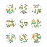 Social media listening multi color concept icons. Marketing strategy, promoting. Industry trends, analysis. Icon pack. Round shape illustrations for infographic. Abstract idea vector