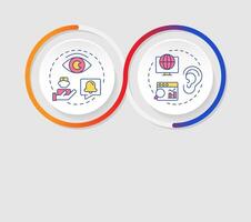 Social media listening infographics circles sequence. Internet monitoring, analytics. Visualization layout with 2 steps. Info chart loop process presentation vector