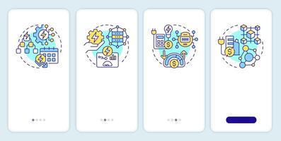 Energy management types onboarding mobile app screen. Walkthrough 4 steps editable graphic instructions with linear concepts. UI, UX, GUI template vector