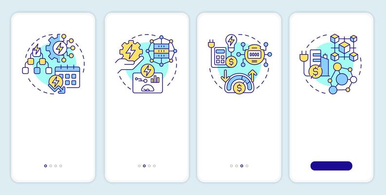Energy management types onboarding mobile app screen. Walkthrough 4 steps editable graphic instructions with linear concepts. UI, UX, GUI template