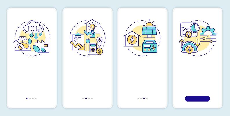 Energy management benefits onboarding mobile app screen. Walkthrough 4 steps editable graphic instructions with linear concepts. UI, UX, GUI template