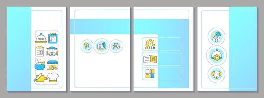 Menu engineering blue brochure template. Restaurant business management. Serving food. Leaflet design with linear icons. Editable 4 layouts vector