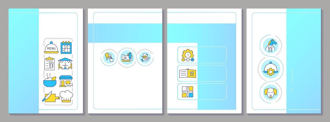 Menu engineering blue brochure template. Restaurant business management. Serving food. Leaflet design with linear icons. Editable 4 layouts