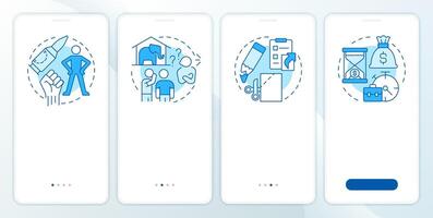 Business workflow blue onboarding mobile app screen. Walkthrough 4 steps editable graphic instructions with linear concepts. UI, UX, GUI template vector