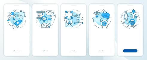 Corporate planning blue onboarding mobile app screen. Walkthrough 5 steps editable graphic instructions with linear concepts. UI, UX, GUI template vector