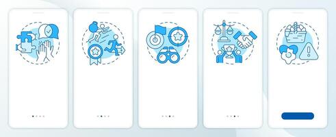 Teamwork organization blue onboarding mobile app screen. Walkthrough 5 steps editable graphic instructions with linear concepts. UI, UX, GUI template vector