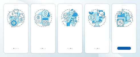 Financial control blue onboarding mobile app screen. Walkthrough 5 steps editable graphic instructions with linear concepts. UI, UX, GUI template vector