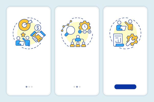 Levels of management onboarding mobile app screen. Business. Walkthrough 3 steps editable graphic instructions with linear concepts. UI, UX, GUI template