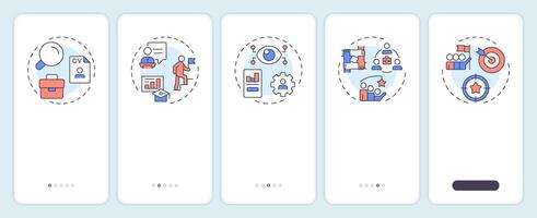 Line manager responsibilities onboarding mobile app screen. Walkthrough 5 steps editable graphic instructions with linear concepts. UI, UX, GUI template vector