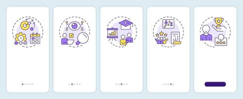 Performance management system onboarding mobile app screen. Walkthrough 5 steps editable graphic instructions with linear concepts. UI, UX, GUI template vector
