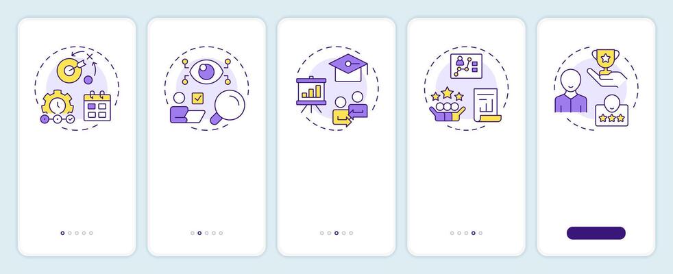 Performance management system onboarding mobile app screen. Walkthrough 5 steps editable graphic instructions with linear concepts. UI, UX, GUI template