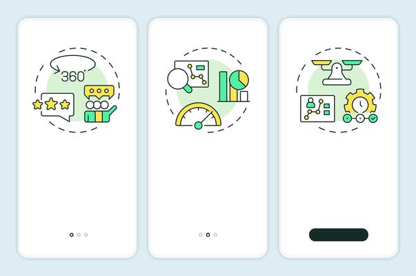 Performance management tools onboarding mobile app screen. Walkthrough 3 steps editable graphic instructions with linear concepts. UI, UX, GUI template