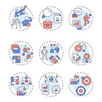 Line management multi color concept icons. Corporate career. Goods production and delivery employees supervision. Icon pack. Round shape illustrations for presentation. Abstract idea vector