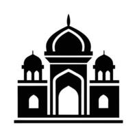 A stylized silhouette of a mosque, presented in black and white against an orange yellow circle representing the sun. vector