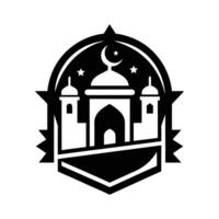 black silhouette of a mosque, featuring a prominent dome, minarets, and a crescent moon and stars, creates a serene and peaceful atmosphere. vector