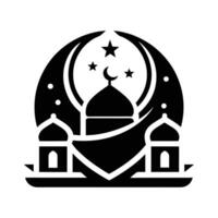 A stylized, black silhouette of a mosque, featuring a prominent dome, minarets, and a crescent moon and stars, creates a serene and peaceful atmosphere. vector