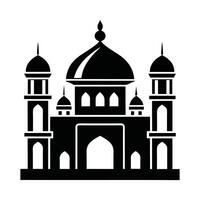 A simple, black and white silhouette of a mosque, crescent moon, and stars. vector