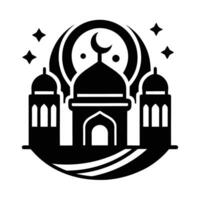 A stylized, black and white silhouette of a mosque, with intricate details and a crescent moon and stars, set within an ornate, shield-like frame. vector
