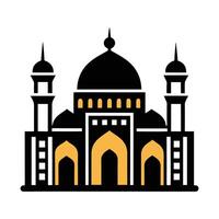 A stylized, black silhouette of a mosque at night, with a moon and stars, suitable for use in religious contexts, particularly Islamic themes. vector
