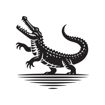A stylized, black and white illustration of an alligator resting in a body of water.