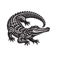A captivating black and white silhouette of two crocodiles in a lush tropical setting, rendered in a stylized, graphic style. vector