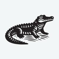 A powerful, stylized black and white graphic of a crocodile emerging from water, positioned on rocks. vector